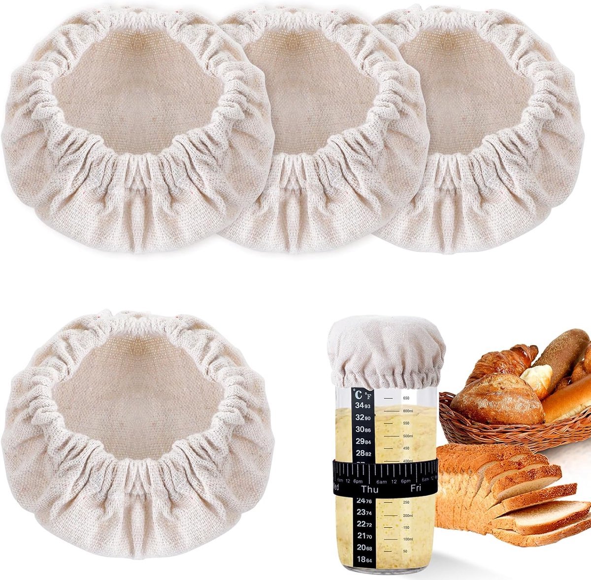 4 Stuks - elastische stoffen potdeksels voor het bakken van brood - herbruikbare deksel voor zuurdesempotten - ademend stoffen deksel（voor flesopeningen van 8-10 cm）