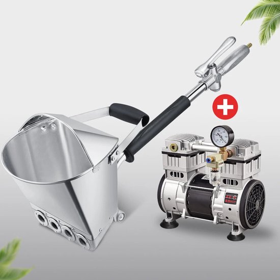Zilverkleurige mortelspeuit met een compressor met manometer en een rood kruis.