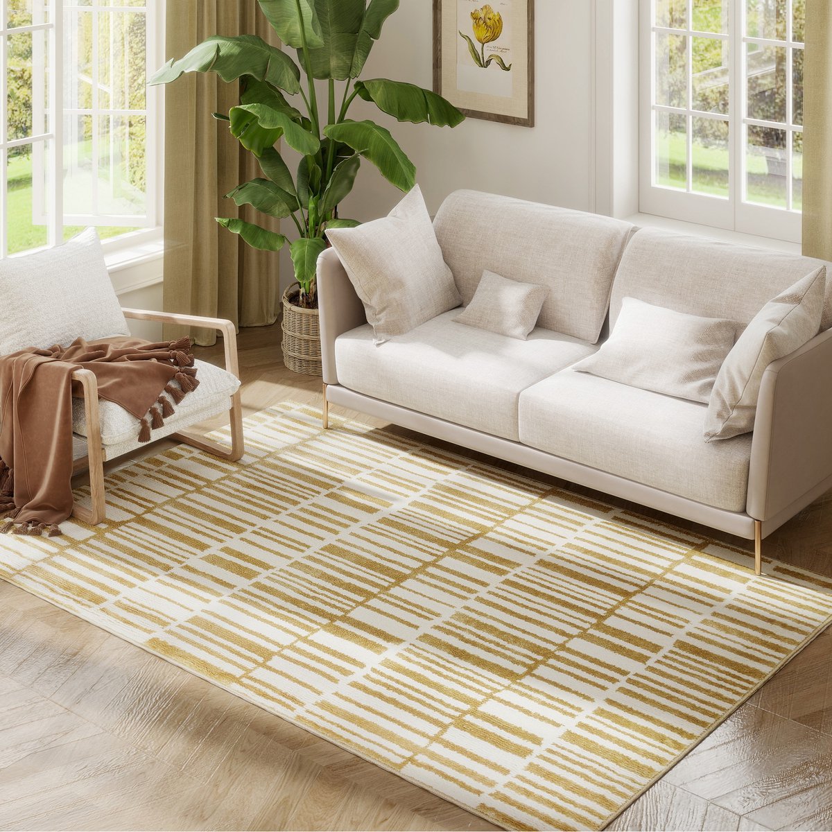 ECTEATOY® Vloerkleed - Carpet -Tapijt - Wasmachine Wasbaar - Laagpolig Tapijt voor Woonkamer en Slaapkamer - 170x120 cm - Crème