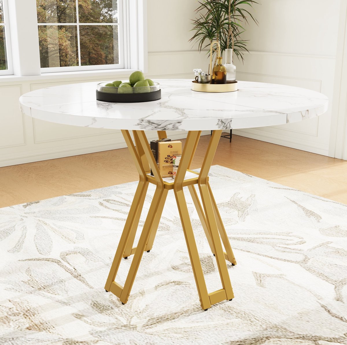 MEUNIQ ronde eettafel 100 x 100 x 76 cm met marmerlook MDF tafelblad en gouden metalen poten, eettafel voor 4-6 personen voor eetkamer woonkamer of kantoor