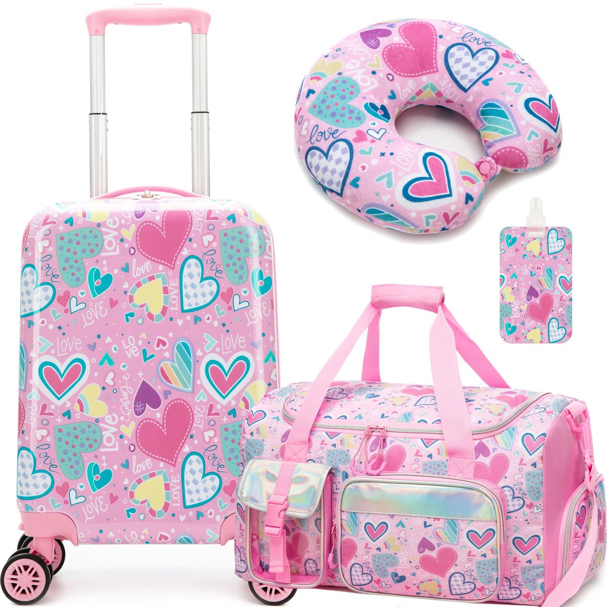 SnelShoppen - Kinderen Koffer 3-delig met Handkoffer, Nekkussen, Reistas, Label, Wielen, A-roze Hart, 31x19.5x40.5 cm, Casual Reizen, Ideaal voor Vaka