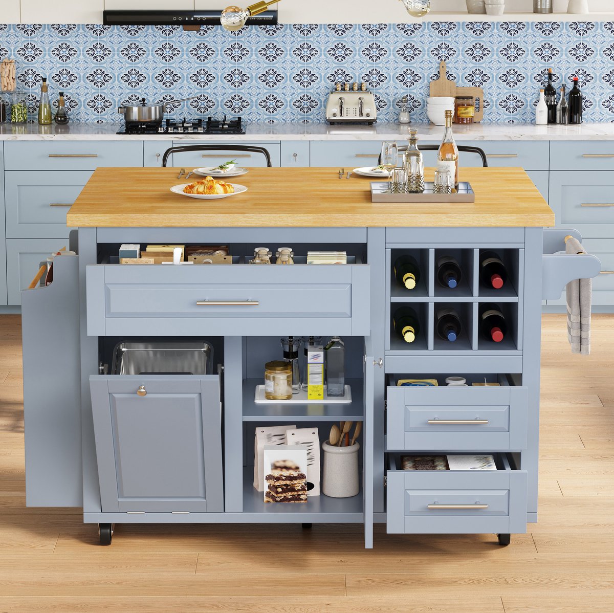 DESMIU Keukenkast - Opklapbaar Werkblad Met Laden En Wijnrek - Voor Keuken Eetkamer En Bar - MDF En Metaal - 143x75x91 Cm - Blauw