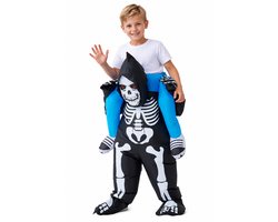 KIMU® Opblaas Kostuum Kinderen Zittend op Skelet Zwart - Maat 122 128 134 140 146 152 - Opblaasbaar Pak - Skeletpak Mascotte Opblaaspak - Opblaasbare Magere Hein Halloween Eng Scary Halloween