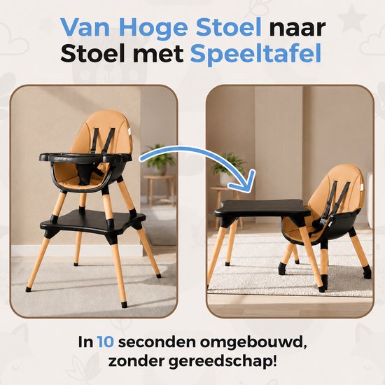 Illustratie die de transformatie van een hoge kinderstoel naar een stoel met speeltafel toont. "Van Hoge Stoel naar Stoel met Speeltafel. In 10 seconden omgebouwd, zonder gereedschap!"