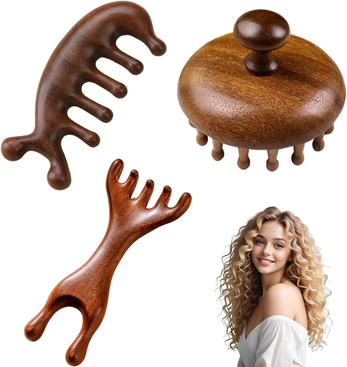Set van 3 Scalp Massage Borstels voor Hoofdmassage, Haarverzorging en Ontspanning, Gemaakt van Natuurlijk Sandelhout voor Thuisgebruik of Onderweg