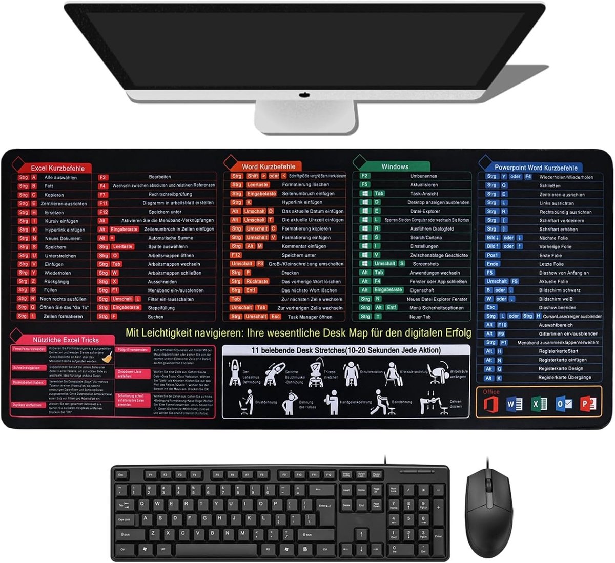 Grote Mouse Pad XXL 900 x 400 mm voor Desk Pad, Ideaal voor Kantoor en Thuisgebruik met Excel, Word en PPT Sneltoetsen