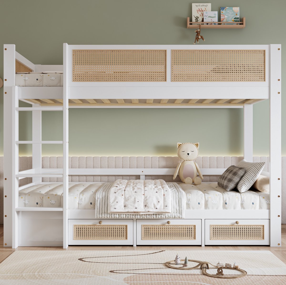 COVREO Stapelbed voor kinderen met 3 lades – 90x200 cm – Kinderbed van kiefer en MDF met lattenbodem – met ladder en veiligheidshek – Wit+Naturel - zonder matras