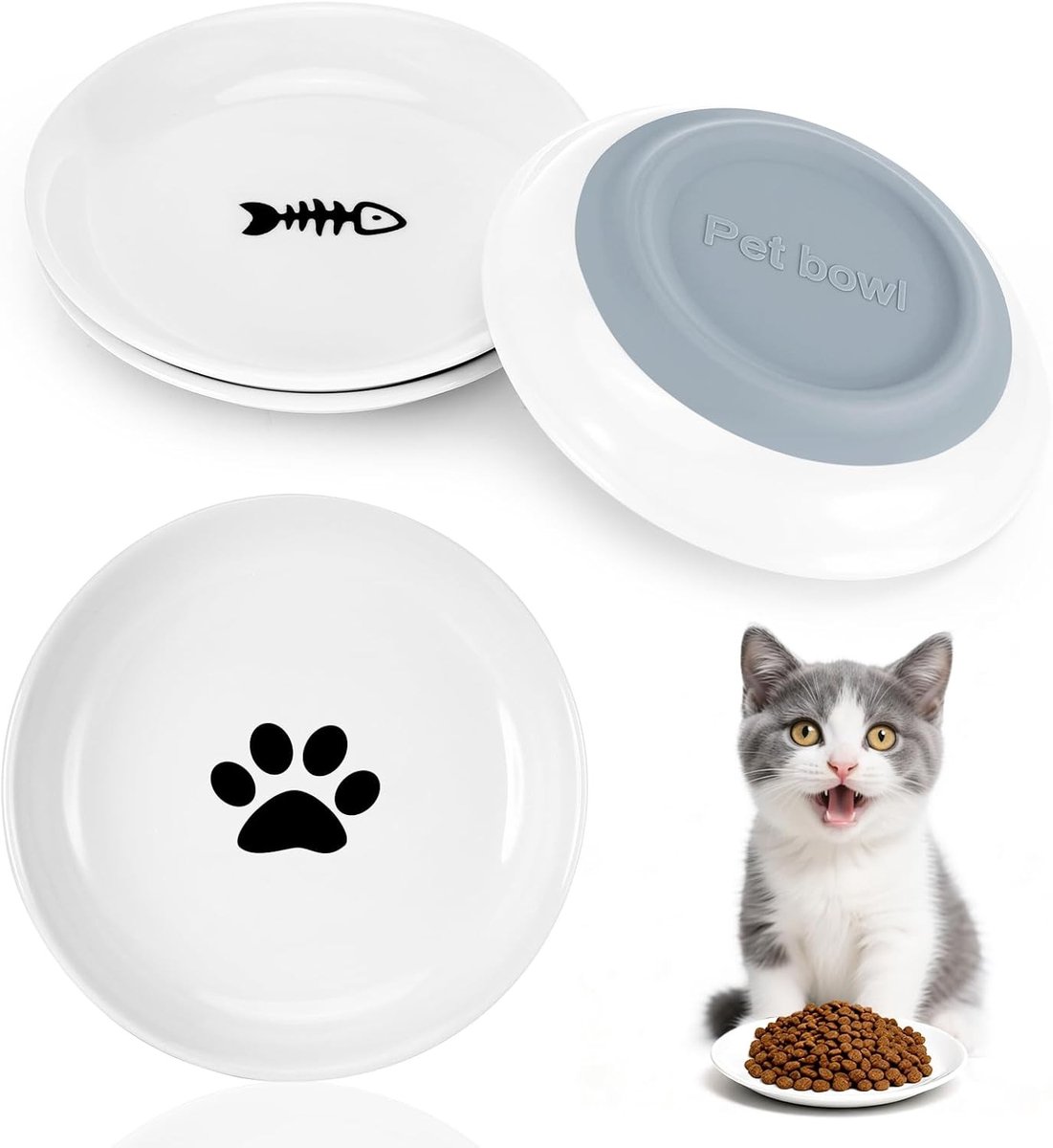 Set van 4 keramische kattenvoer- en waterbakken met antislip bodem, ideaal voor katten en puppy's, voorkomt snorharen vermoeidheid en zorgt voor een stevige grip.