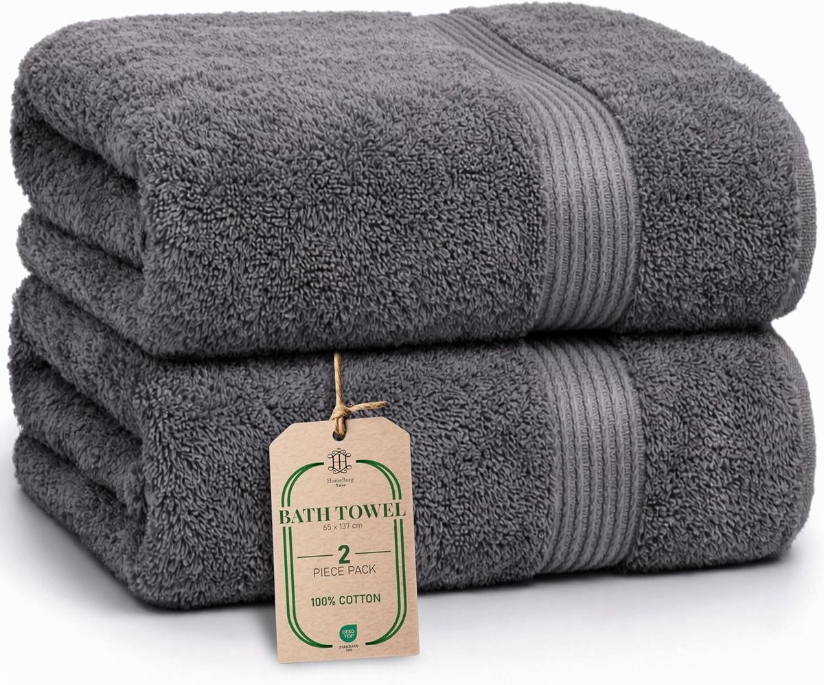 SnelShoppen - Luxe Set van 2 Grote Badhanddoeken - Zacht, Absorberend, Duurzaam, Huidvriendelijk, 65x137 cm, Grijs, Voor Thuis, Wellness, Camping