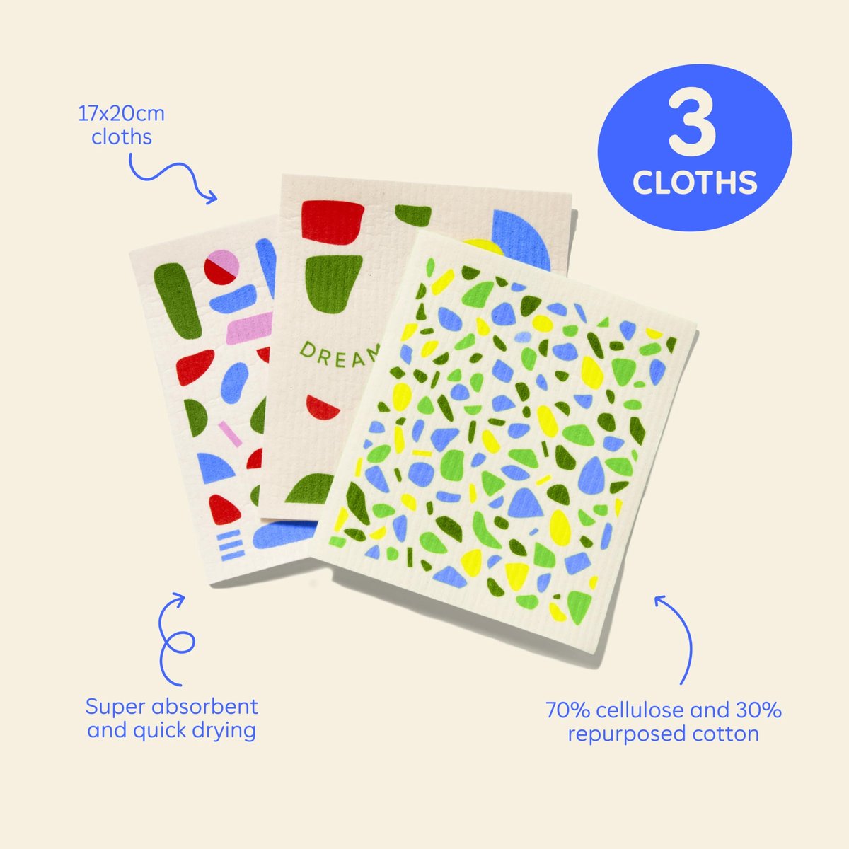 SnelShoppen - Who Gives A Crap Droomdoeken - Herbruikbare Zweedse Vaatdoek voor Duurzamere Keuken - Set van 3 Keukendoeken - Vervang Keukenrol - Eco-v