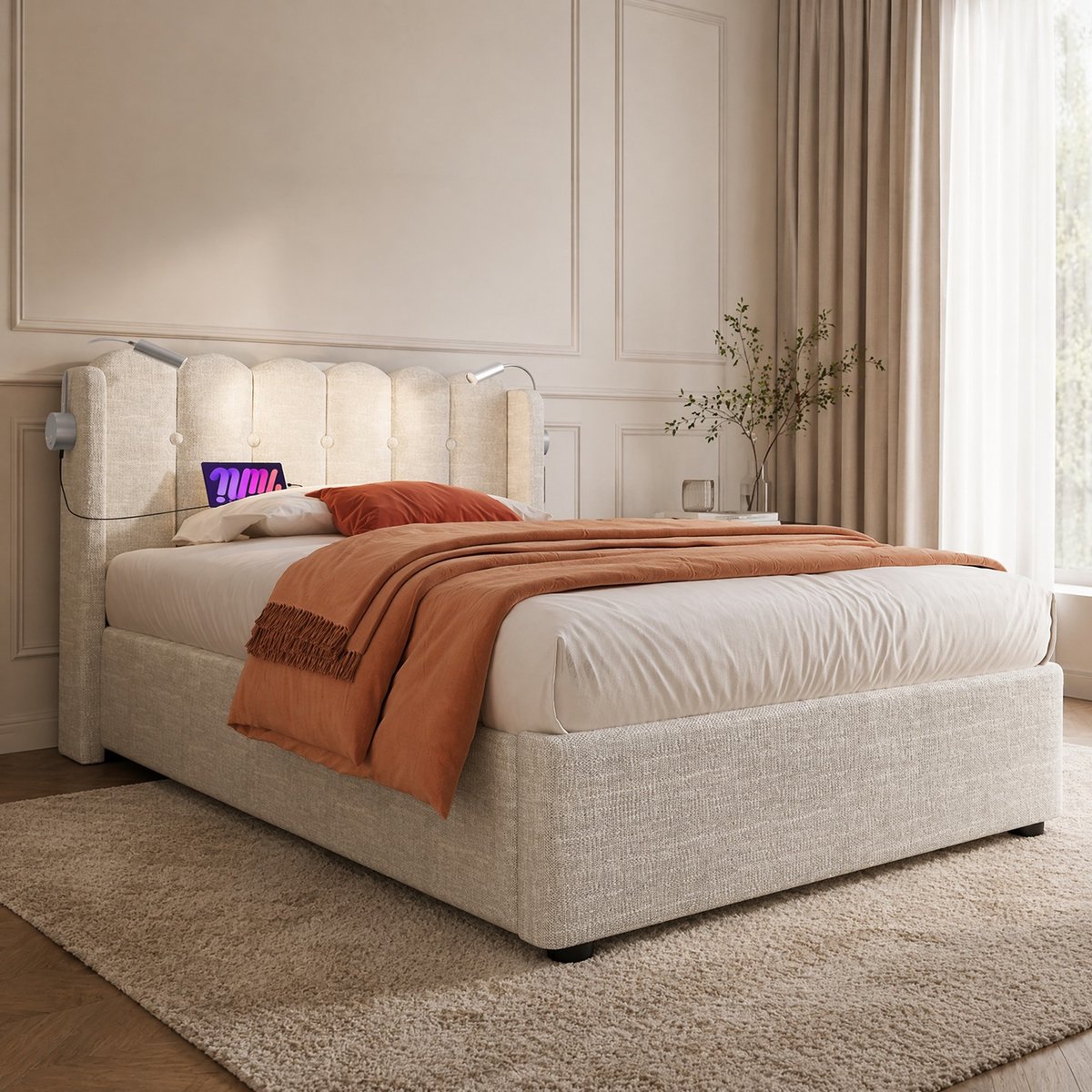 COVREO Bedframe 90x200 cm naturel, leeslamp, opbergruimte, zonder matras