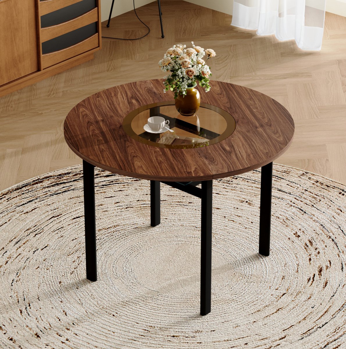 MEUNIQ Ronde eettafel 100 cm, modern minimalistisch, MDF tafelblad met glazen inleg, zwart metalen onderstel en glazen plank voor eetkamer, woonkamer of open keuken Brown+Black