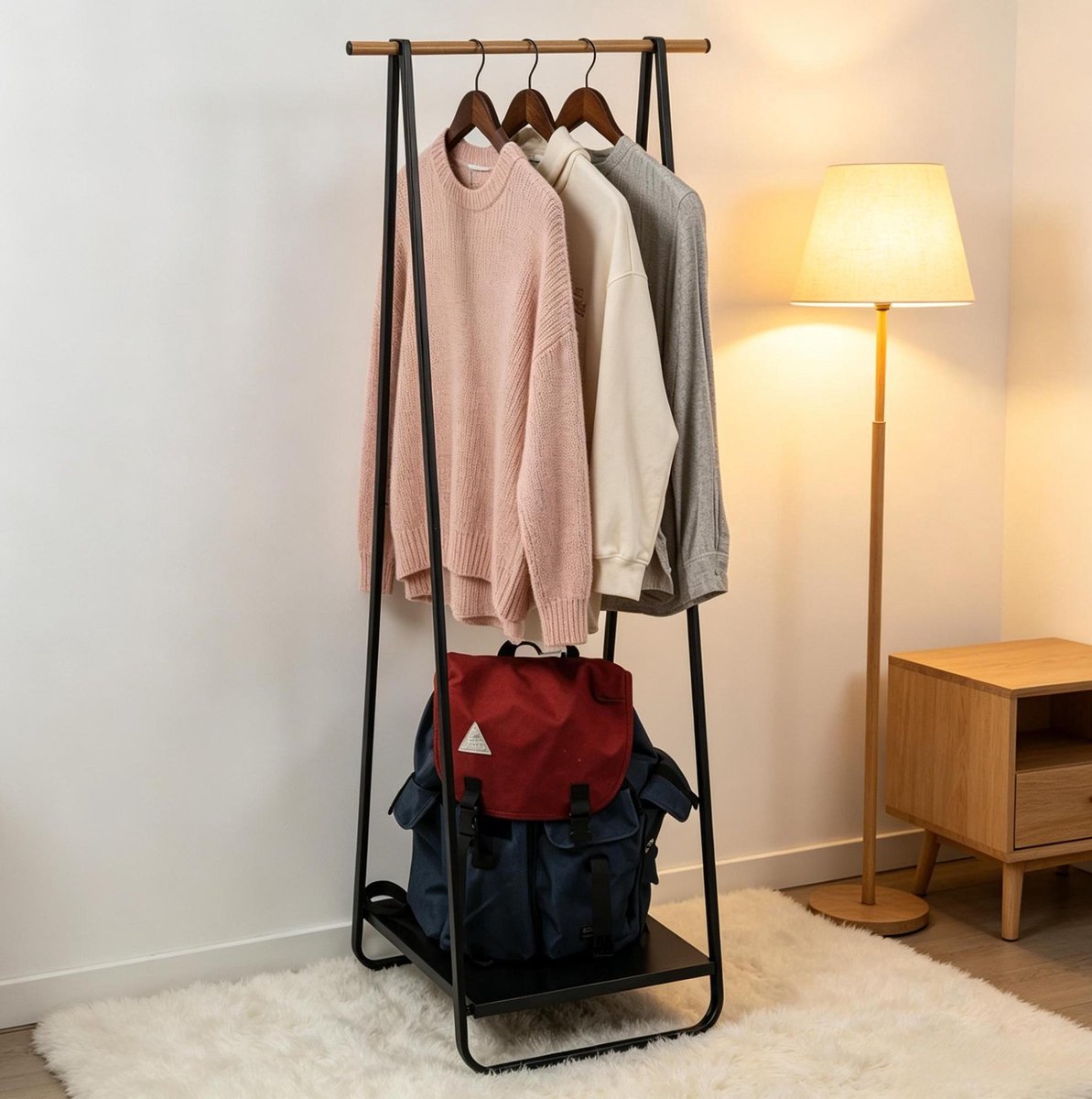 Kledingrek Staand - 141 Cm Hoog, Met Plank, Metaal En Hout, Zwart, Voor Slaapkamer En Hal, Met 30 Kg Draagvermogen, Smal En Praktisch