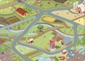 Een speelkleed met een boerderijthema, met wegen, huizen, boerderijdieren, een molen en kinderen.