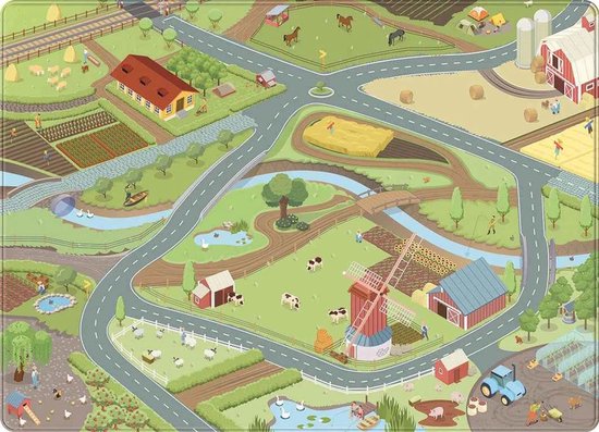 Een speelkleed met een boerderijthema, met wegen, huizen, boerderijdieren, een molen en kinderen.