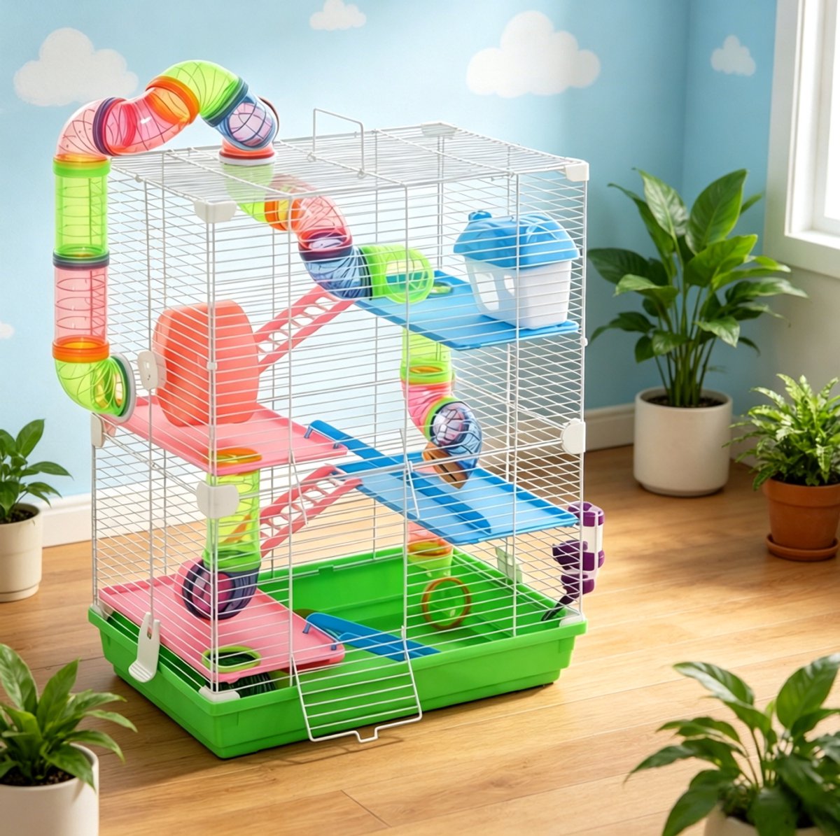 Hamsterkooi Speelverdiepingen 46 x 30 x 58 cm Metaal Groen Voor Knaagdieren Met Looprad Drinkfles En Meerdere Toegangdeuren