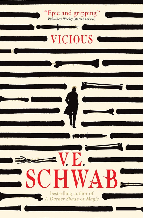Boek "Vicious" van V.E. Schwab met een gestileerde gestreepte achtergrond en een silhouet van een man in een lange jas.