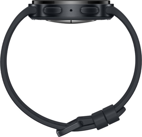 Gitzwarte Samsung Galaxy Watch 9, zijaanzicht, met donkergrijs sportbandje en gesp.
