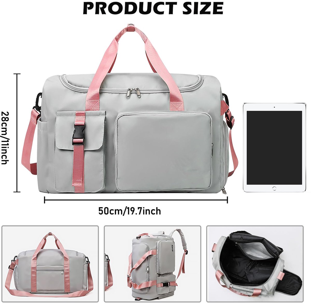 SnelShoppen - Sporttas Vrouwen met Schoencompartiment en Natvak - 42L Waterdichte Reisbag voor Vliegtuig, Zwemmen, Gym, Weekend - Roze/Grijs, Modern