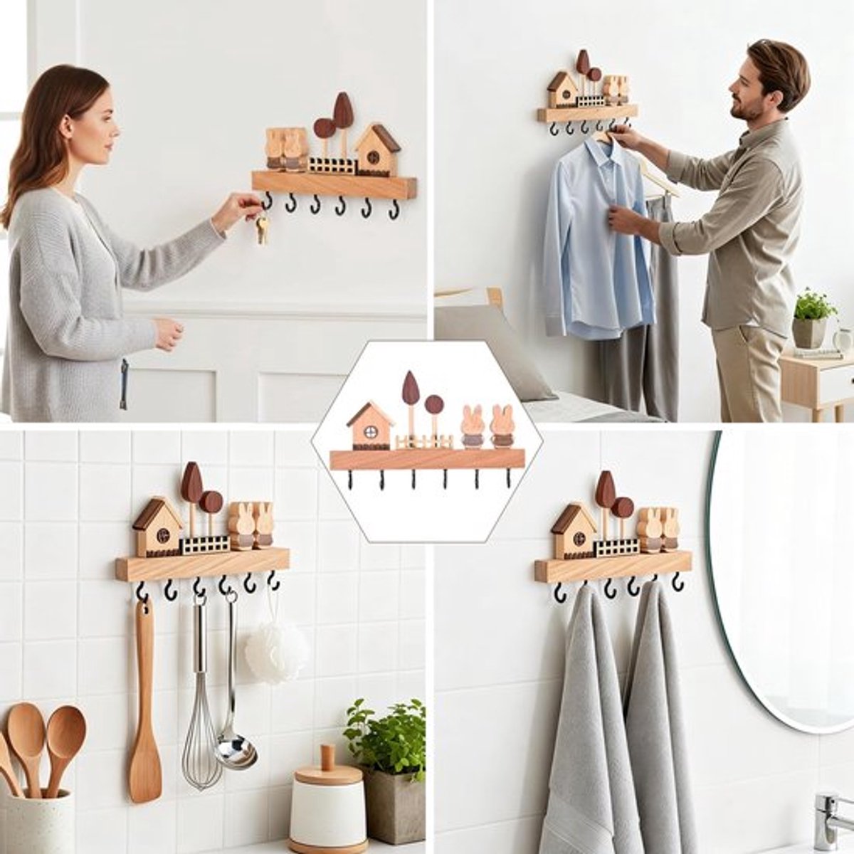 Sleutelhanger van hout met 6 gecoate haken, sleutelhaken aan de muur en functioneel, zonder spijkers met lijm of boren, ideaal voor thuis, kantoor