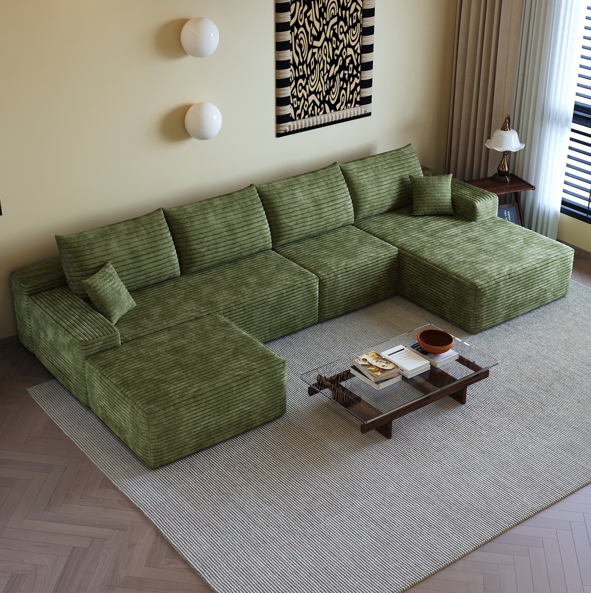 OKWISH Hoekbank 340 Cm - Modulaire L-vorm Met Chaise Longue En Diepe Zitting - Zonder Montage Voor Woonkamer Of Slaapkamer - Ribstof - Groen