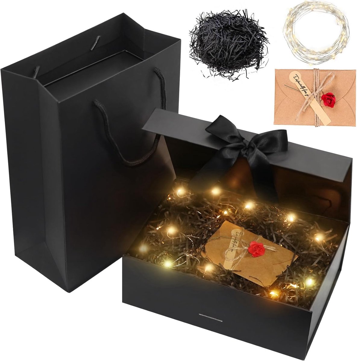 SnelShoppen - Idota Geschenkdoos met Deksel, Zwarte Geschenkkarton met Strik, Tas en Lint, Lichtgewicht Raffia, Wenskaarten, Cadeaudozen voor Bruiloft