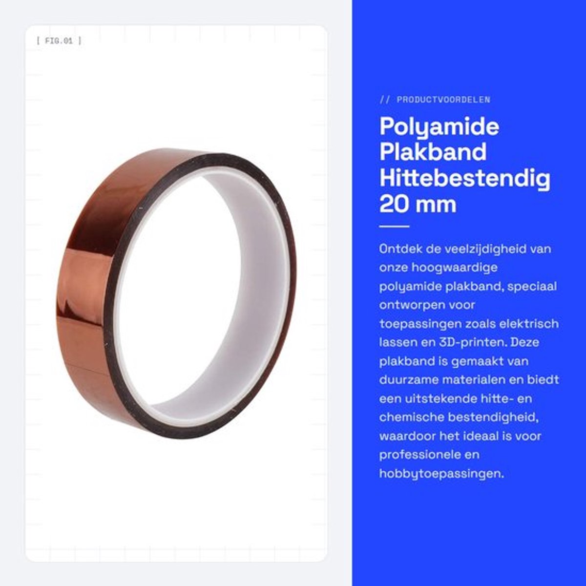 Polyamide Plakband - Hittebestendig - 20 mm breed - Zelfklevend - Voor 3D-printer en Lassen - Duurzaam en Sterk