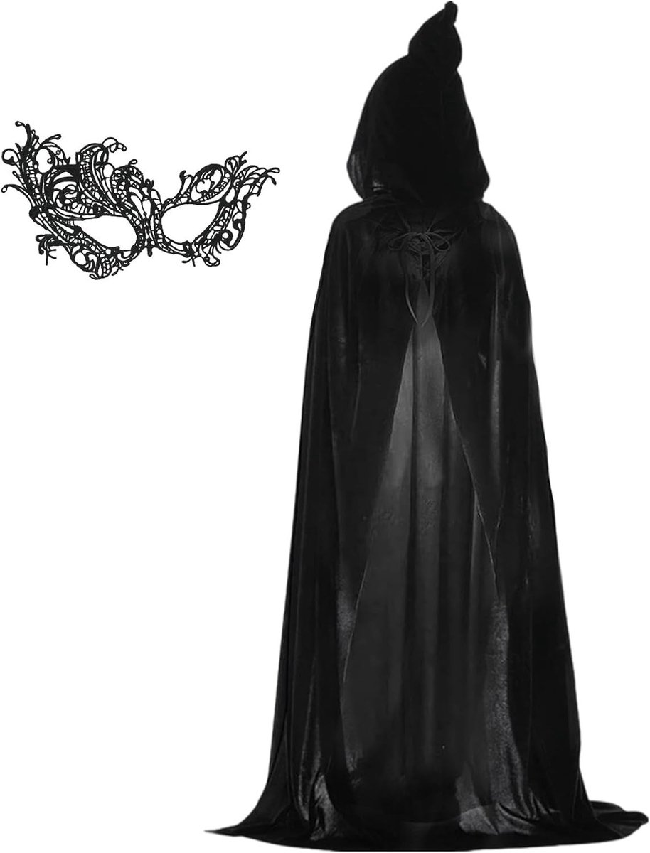 Halloween kostuum voor dames, zwarte cape met capuchon en maskers, vampier kostuum voor feest en carnaval, 170