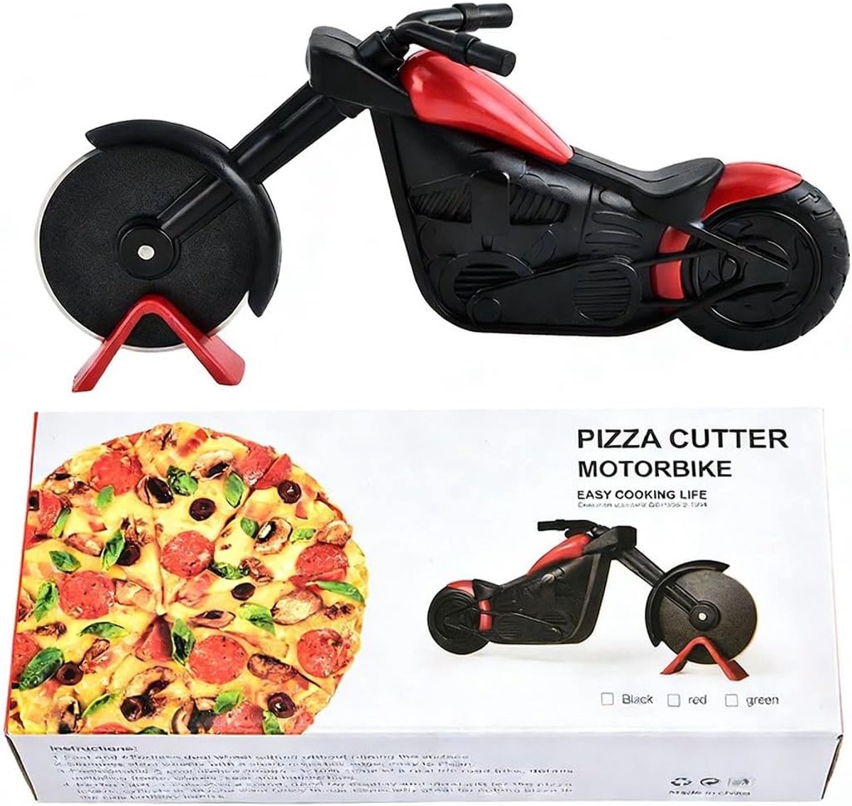 Motorfiets pizzasnijder met anti-aanbaklaag, roestvrij staal en super scherpe messen - Perfect cadeau voor pizzaliefhebbers in zwart/rood