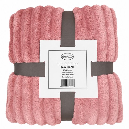 Oudroze fleece deken 200 x 240 cm, opgevouwen en vastgebonden met grijze band.