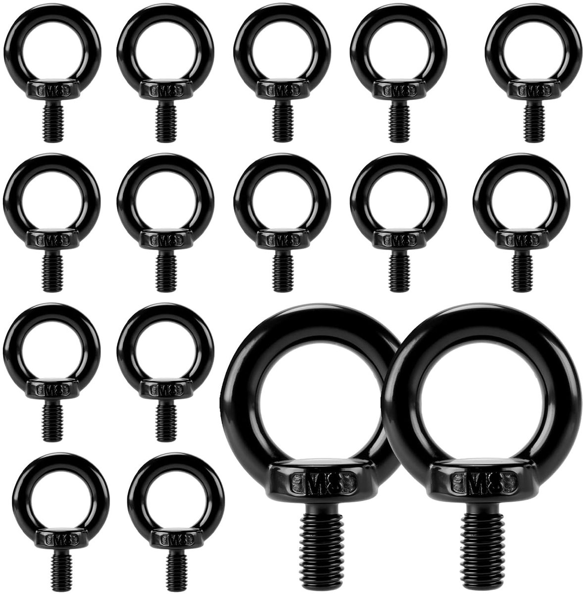 16-delige set 15mm zwarte ring schroeven M8, roestvrijstalen oogschroeven voor industrie en ambachten, duurzame bevestigingsoplossingen