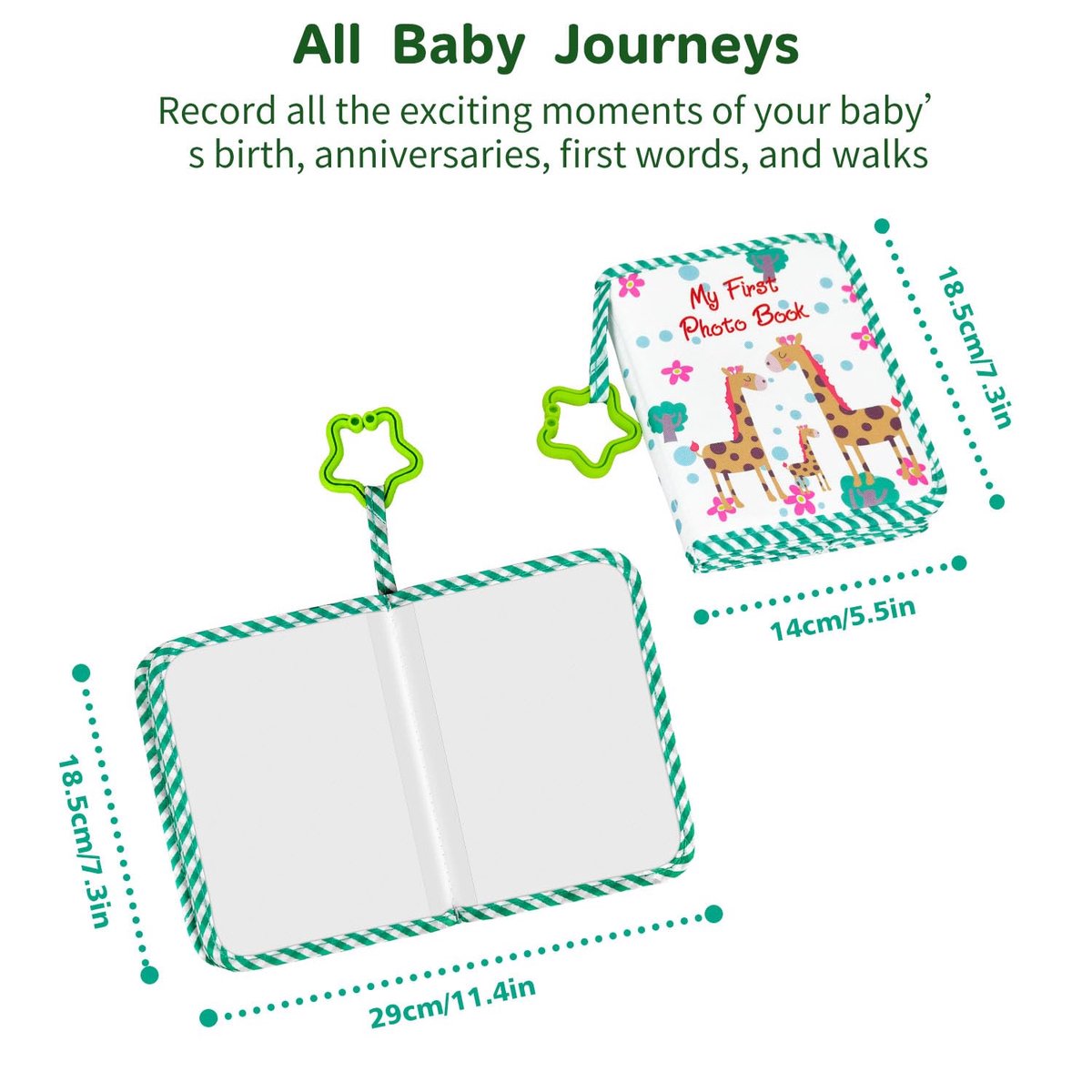 SnelShoppen - Zacht Babyfotoalbum voor Eerste Foto's, 10x15 cm, Groene Giraf, Veiligheid Mirro, Pasgeborenen Babyfeest, Schattige Cadeauset voor Babys