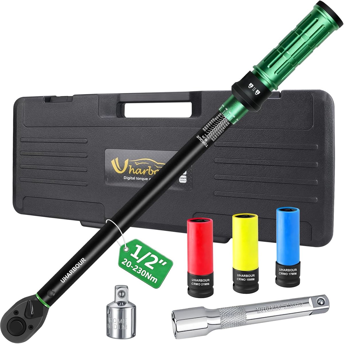 SnelShoppen - Professionele Moment Sleutel 1/2 Inch 20-230 Nm, Hoogwaardige Torque Wrench voor Auto en Motor met Accessoires, Verlengstuk & Adapter, I