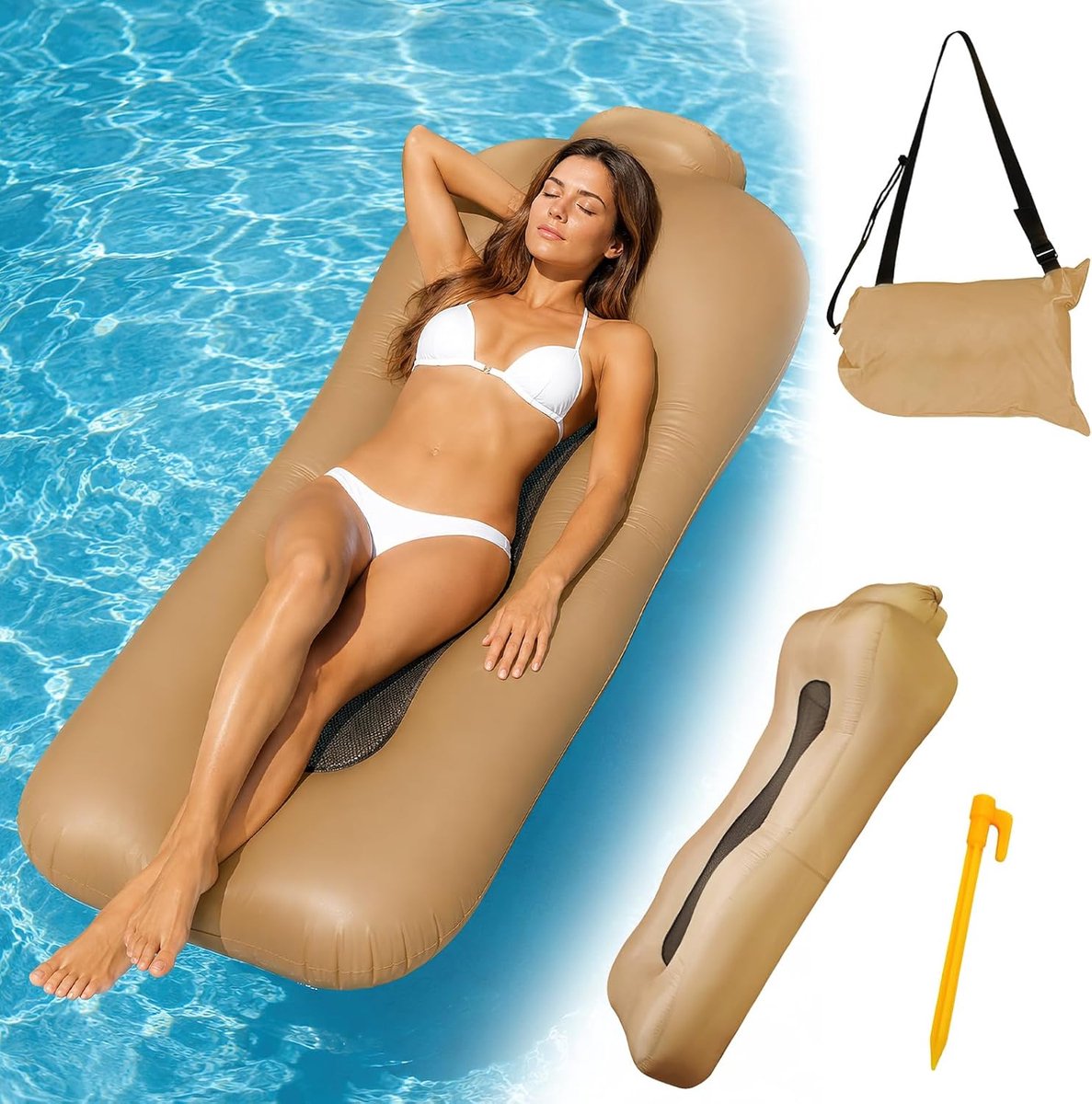 SnelShoppen - Inflatable Bench 190 x 70 cm - Ergonomische Luchtbank met Air Pocket - Perfect voor Strand, Camping, Muziekfestivals - Khaki - Lichtgewi