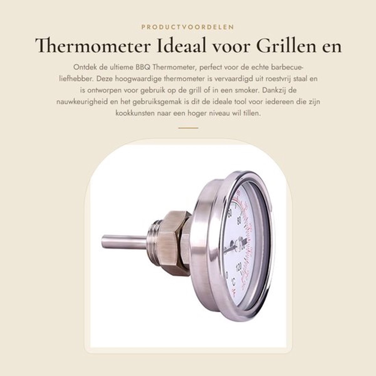 BBQ-thermometer roestvrij staal - temperatuurmeter - 0-120 graden - schroefdraad - vleugelmoer - duurzaam en vuurvast - Grillthermometer