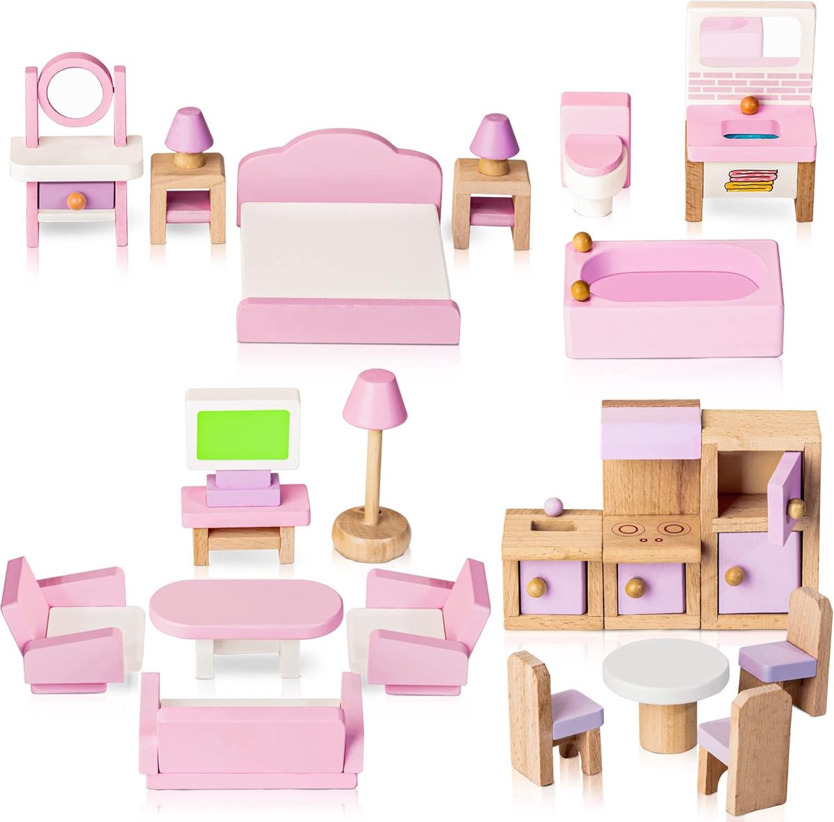 SnelShoppen - Houten Poppenhuis Meubelset, 22 Delige Miniatuur Meubels voor Keuken, Woonkamer, Eetkamer, Slaapkamer, Badkamer met 4 Familiepoppen voor