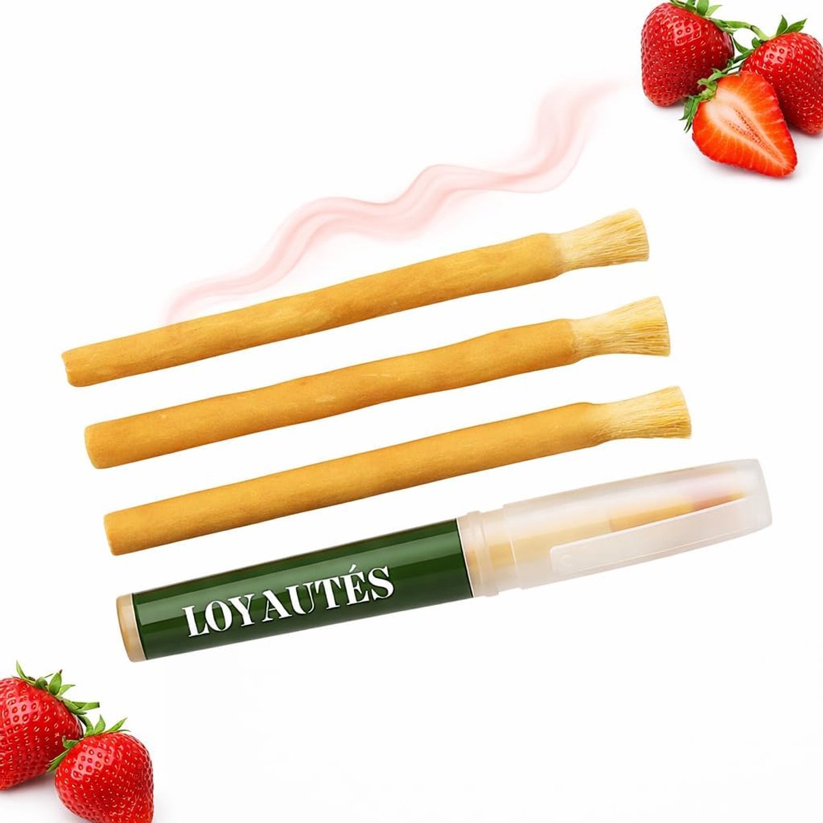 SnelShoppen - Miswak Strawberry - 3 Stuks - Natuurlijke Tandenborstel met Houder - Fluoride Vrij - Antibacterieel - Organisch - Siwak - Zonnebloem - V