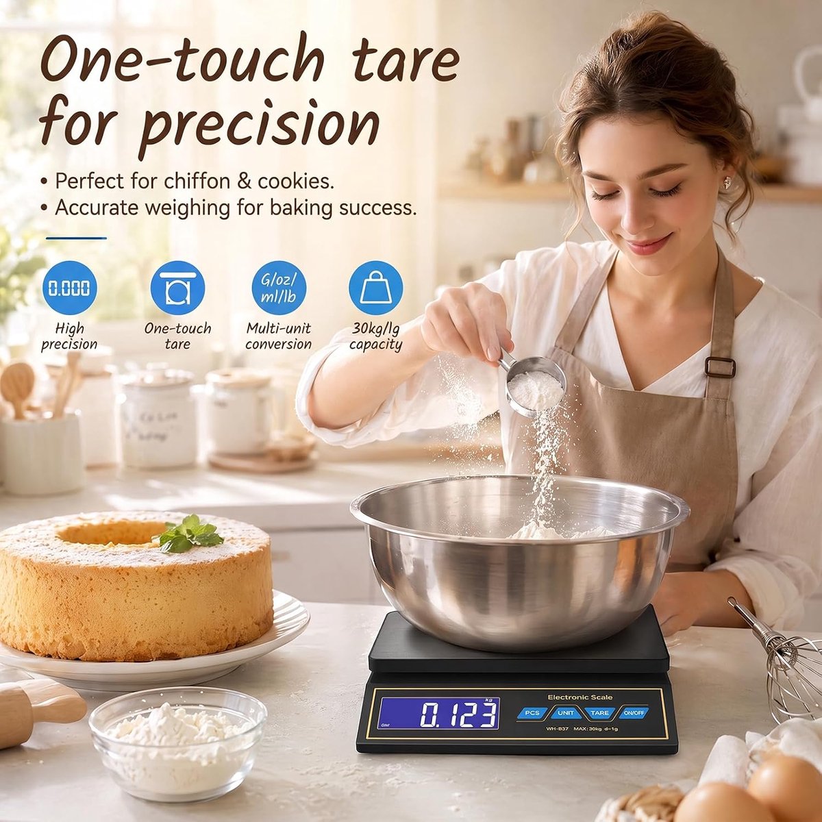 SnelShoppen - Digitale Keukenweegschaal 30 kg - Waterdichte Levensmiddelenweegschaal met LCD-Display - Hoge Precisie tot 1 g - Roestvrijstalen Multifu