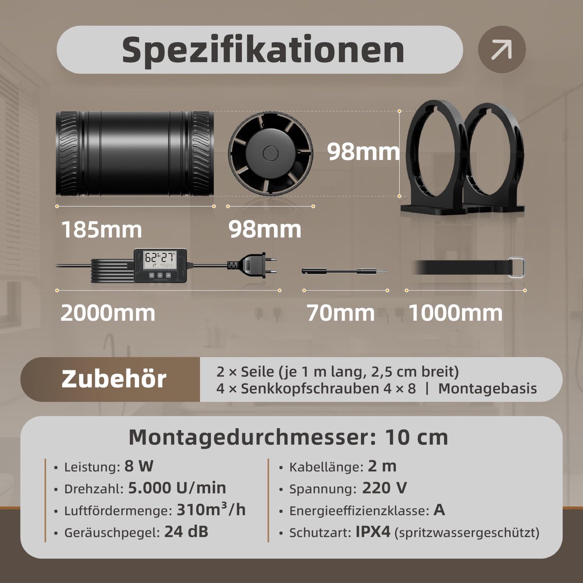 SnelShoppen - MOCINE Inline Ventilator Ø100 mm met Montagebasis, 6 Snelheden, Temperatuur- en Vochtigheidssensor, Afstandsbediening, Automatische In-/