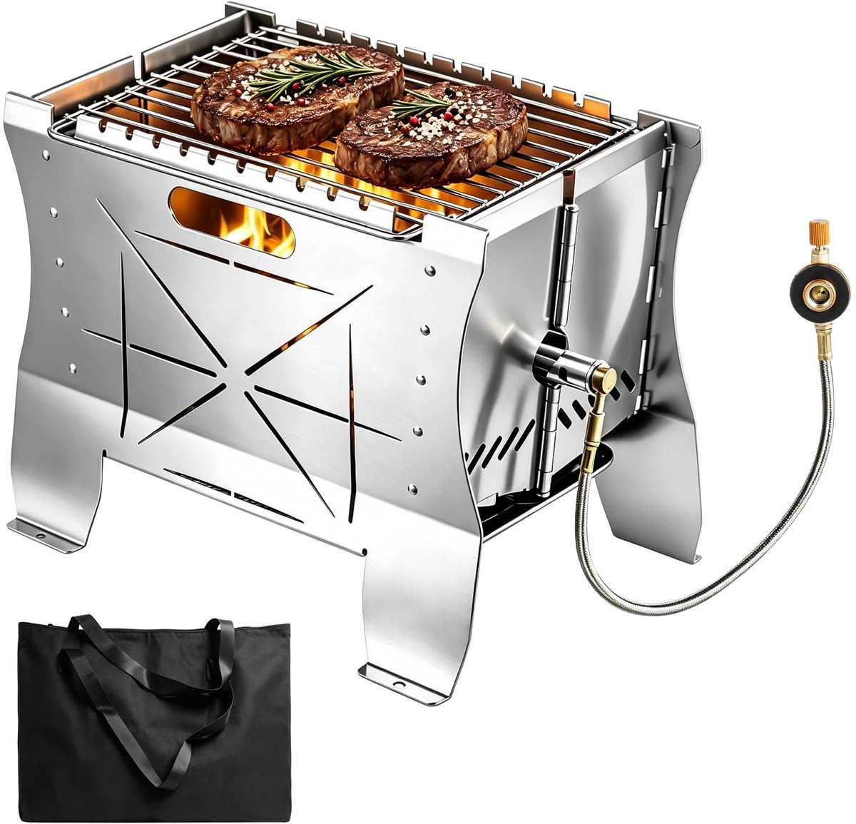 SnelShoppen - Mobiele Gasbarbecue 26,5x21x38 cm - Draagbare Roestvrijstalen Campinggrill - Opvouwbaar Gas- en Houtskoolfornuis voor Feest, Camping en