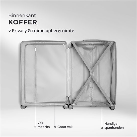 Open roze koffer met grijs interieur, compartimenten en spanbanden.