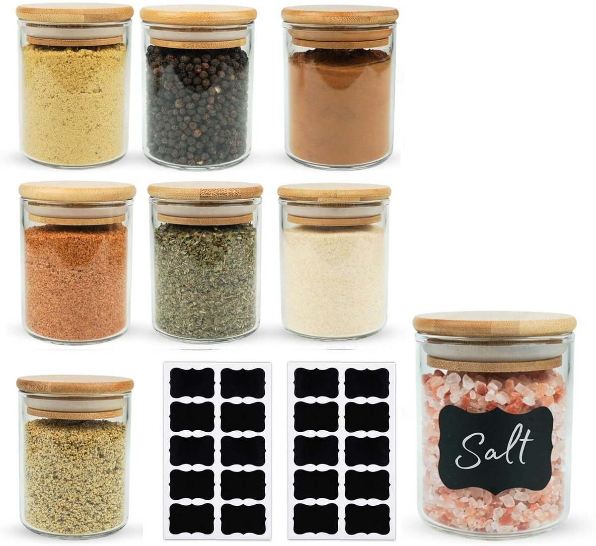 Dailygoods- Kruidenpotjes Set van 8 - Glazen Voorraaddozen 250 ml - Bamboedeksel - Luchtdicht - BPA-vrij - Perfect voor Specerijen