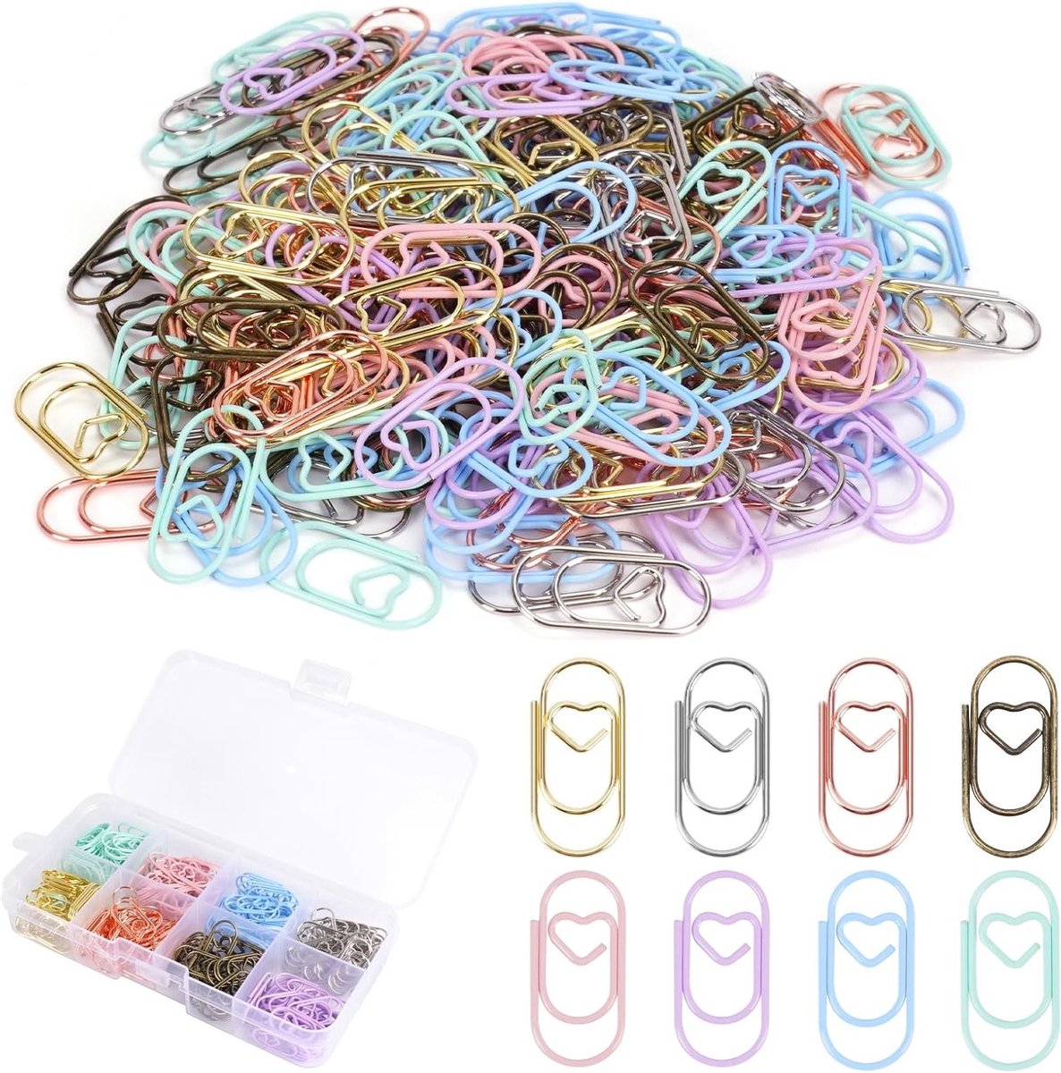 Kleurige Hartvormige Paperclips Set van 200 Stuks in 8 Kleuren, Ideaal voor Kantoor, School en Creatieve Projecten