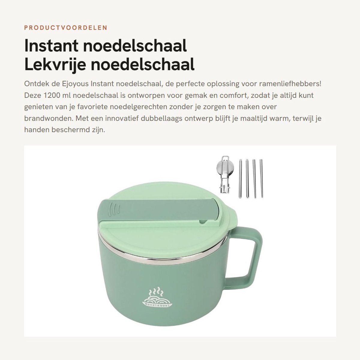 Dailygoods- Noedelschaal 1200 ml - Lekvrije Noedelschaal - Dubbellaags Roestvrij Staal - Eetstokjes/Spork - Telefoon Sleuf - Warmte-isolerend - Ramenkom