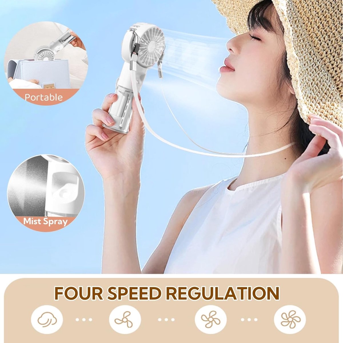 Handventilator - Ventilator Met Waternevel - 4 Standen - USB Oplaadbare Handventilator met Vernevelfunctie - Stille - voor Wandelen, Vakantie en Tuinactiviteiten - wit thumbnail 3