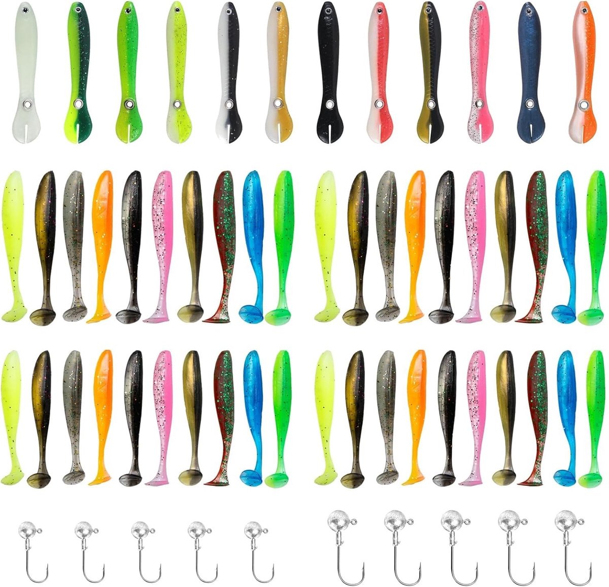 Solidchoice- Kunstaas Set 55 Stuks - Zachte Kunststof Vissen - Jigkoppen - Vishaken - Geschikt voor Snoek/Forel/Baars - Realistisch Uiterlijk - Vissenspeeltje