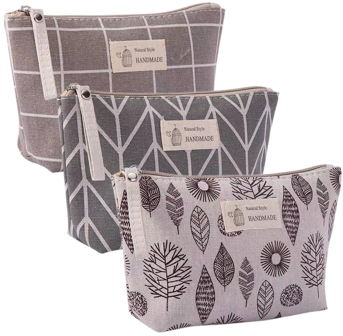 Solidchoice - 3 Stuks Canvas Make-uptas, Reis Toilettas en Opbergtas voor Dames