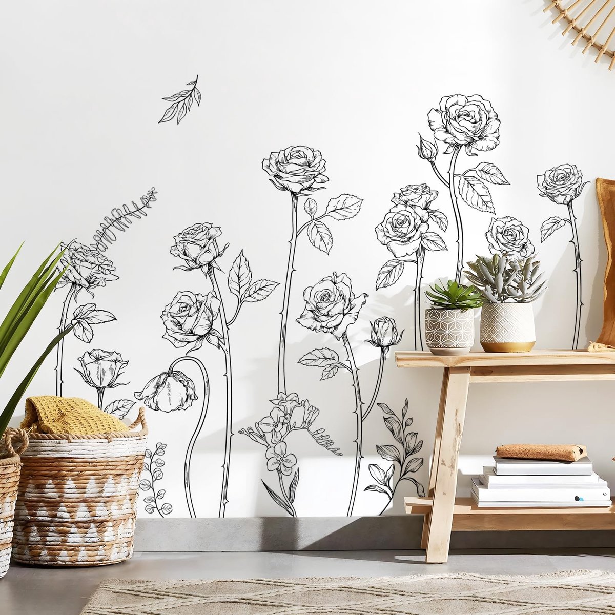 Solidchoice- Muursticker Roos Bloemen - Vintage Muurdecoratie - Waterdicht - Zelfklevende Muurkunst - Premium Vinyl - Eenvoudig Aanbrengen
