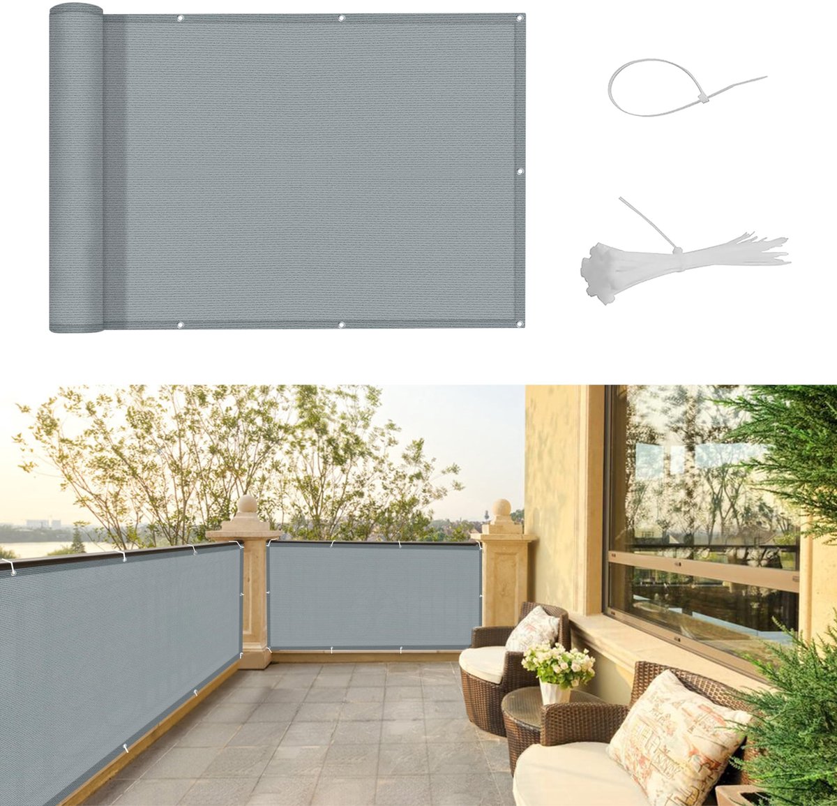 Dailygoods- Balkonscherm 80 x 500 cm - Privacyscherm - HDPE - Weerbestendig - UV-bescherming tot 95% - Schaduwpercentage 90% - Privacydoek