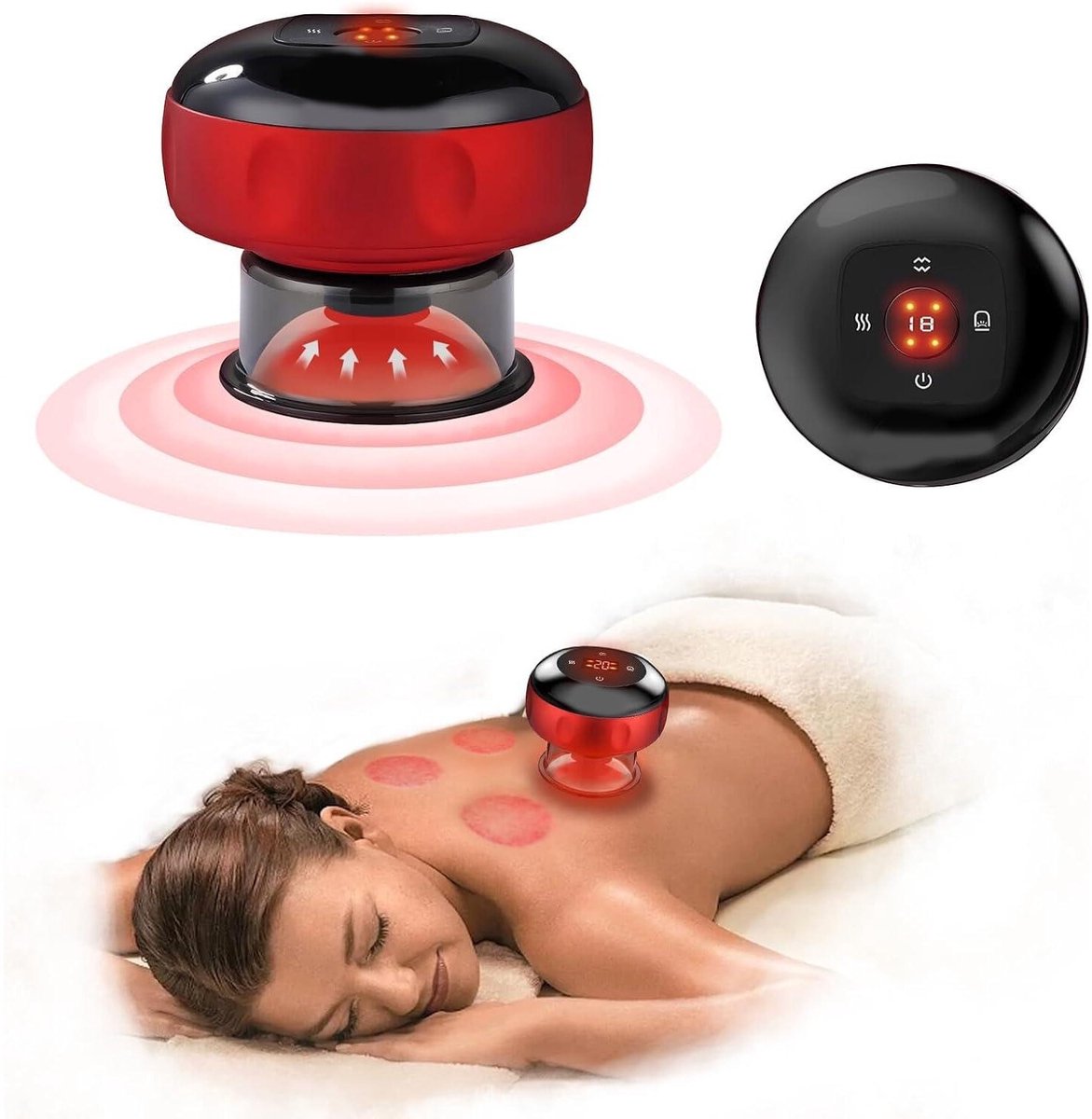Cupping cups - Massage apparaat - TENZHVXI® - 5-in-1 - Anti-cellulitiswerking - Ontspant de spieren - Stimuleert de collageenaanmaak - Instelbare snelheid en intensiteit - 12 snelheden - lcd-display - Infraroodlichttherapie - Oplaadbaar - USB - Rood